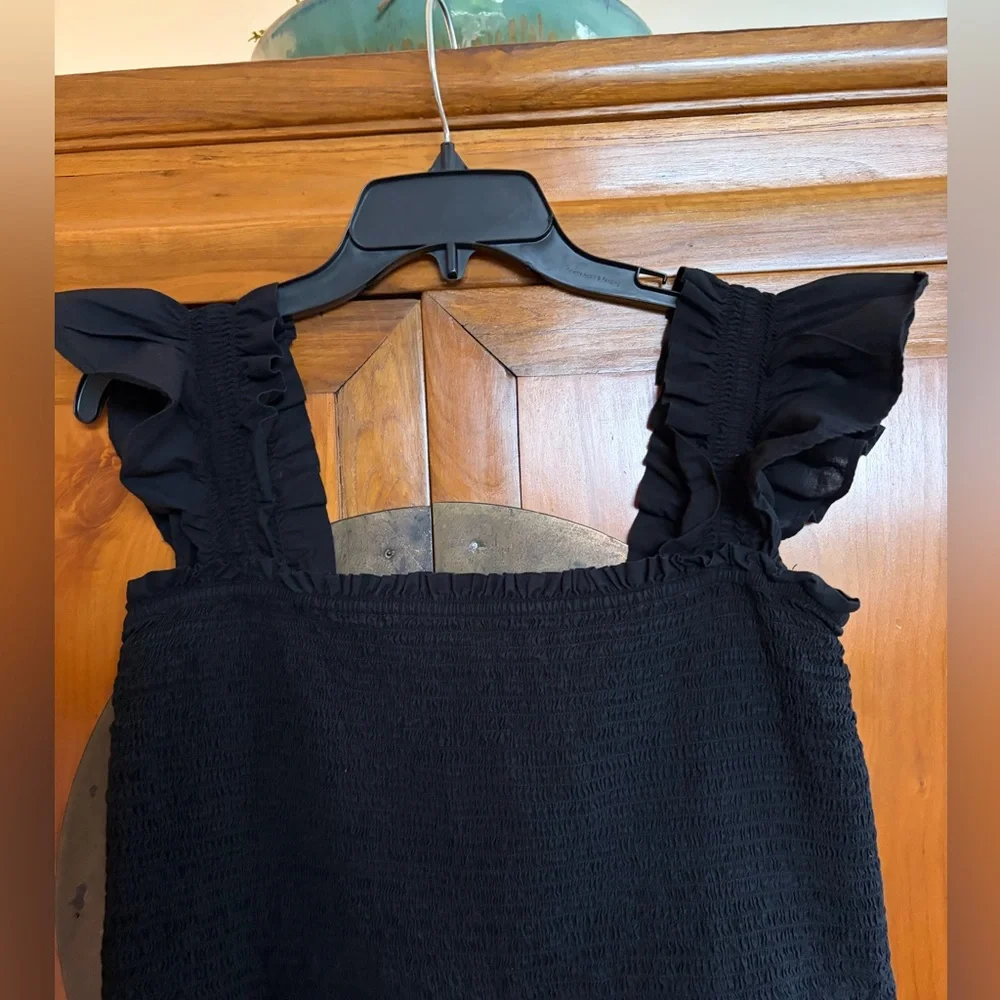 LOFT Beach Ruched Wide Leg Jumpsuit for Black with pockets. 100% cotton - Picture 7 of 14